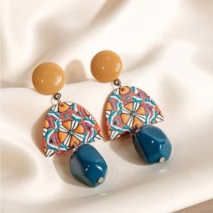 🍒Brand New Colorful Geometric Drop Earrings in Teal, Gold & Orange